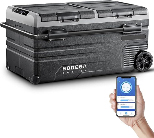 BODEGACOOLER 12 Volt Car Refrigerator, 100 Quart Portable Freezer, Car Fridge Dual Zone WIFI APP Control, -4℉-68℉ Cooler, 12/24V DC and 100-240V AC, for Travel, Camping, Outdoor,RV, black
