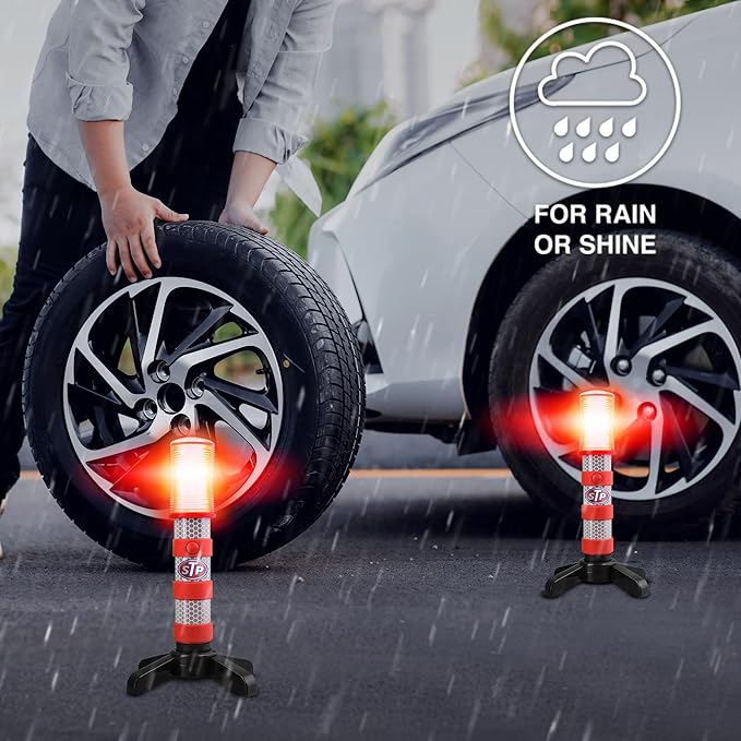 XTREME STP Emergency LED Road Flares, 3 Separate Lighting Modes: Flashing Red, Solid Red and White Flashlight, Visible From Up To A Mile, Foldable Stands/Built-In Magnet Sticks To Car