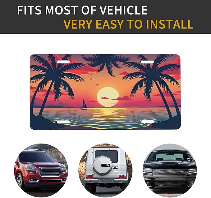 Front License Plate Sunset Palm Trees Vanity Plates Aluminum Metal Decorative Car Tag Flowers Rainbow Beach Novelty License Plate Cover for Men Women ‎6 * 12 in (4 Holes)
