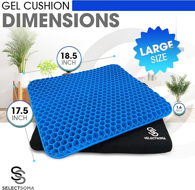 SelectSoma Double-Thick Super Large Gel Seat Cushion- Breathable and Cooling Honeycomb Design - Pressure Relief for Sciatica, Tailbone & Back Pain - Office Chair, Wheelchair, Car & Truck Cushion