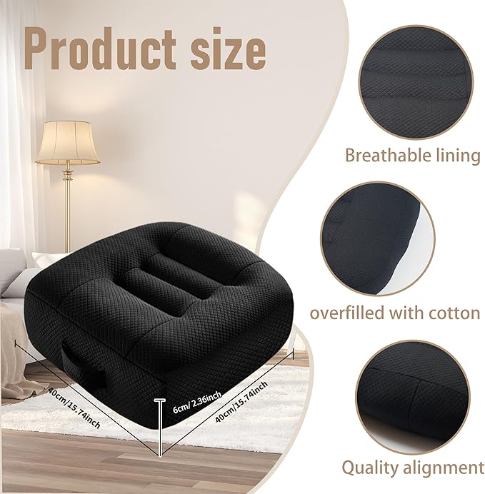 15.7x15.7x4.7 Inches Adjustable Thicknes Car Booster Seat Cushion Office boosr seat Cushion，Nylon Mesh & PP Memory Foam, Height-Adjustable for Driving, Office, Yoga, and Outdoor Use - Black