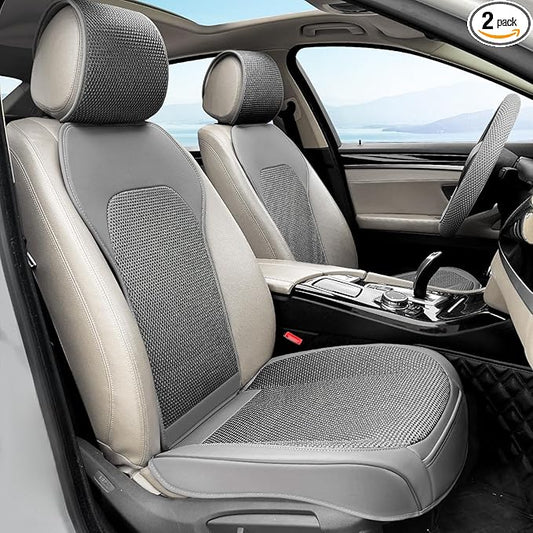 2 Pack Breathable Front Car Seat Covers with Steering Wheel Cover, 3D Ice Silk Fabric and Leather Automotive Car Seat Protectors Four Seasons, Universal Car Seat Cushion for Cars Trucks SUVs (Grey)