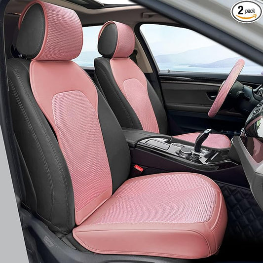 2 Pack Breathable Front Car Seat Covers with Steering Wheel Cover, 3D Ice Silk Fabric and Leather Automotive Car Seat Protectors Four Seasons, Universal Car Seat Cushion for Cars Trucks SUVs (Pink)