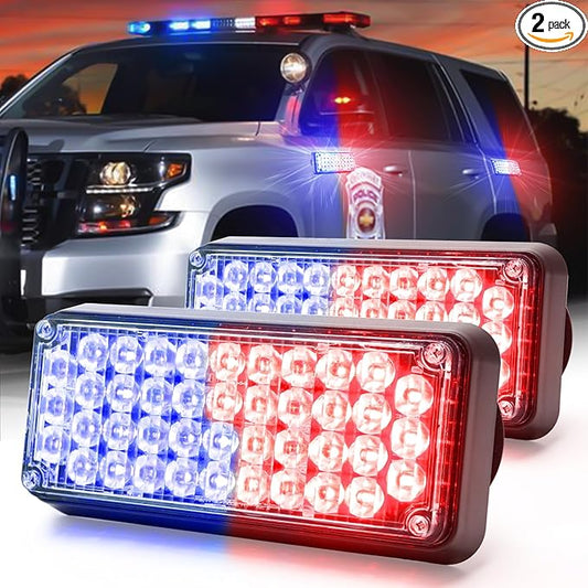 BooYu 2-Pcs Battery Operated LED Emergency Strobe Lights Bar w/Magnetic Base Rechargeable Portable Roadside Roof Top Mini Plow Flash Beacon Warning Light for Truck/Trailer/Vehicle (Red/Blue)