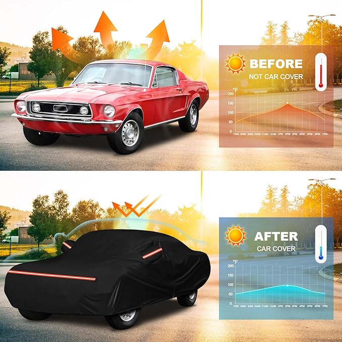 QUNSUNUS 6 Layer Car Cover for Ford Mustang 1964-1968 Waterproof All Weather 210D Windproof for Ford Mustang Car Cover Hail Protection with Zipper