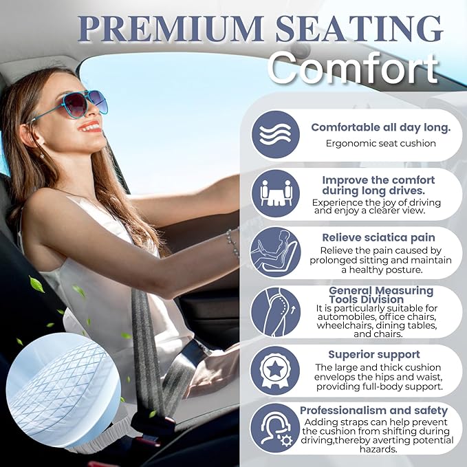 Memory Foam Seat Cushion for Sciatica & Back Pain Relief - Ergonomic Chair Pad with Adjustable Strap & Supportive Comfort Cover, Non-Slip for Car, Truck, Office Chair - Light Gray