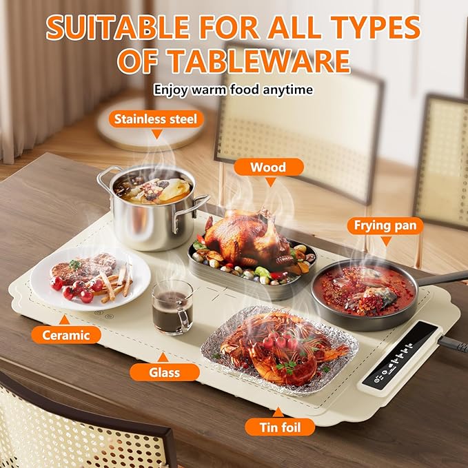 Warming Mat for Food, Electric Warming Tray, Fast Full Surface Graphene Electric Warming Tray, Extra Large Roll Up Silicone Food Warming Mat, Perfect for Gatherings, Parties &Everyday Use (Beige)