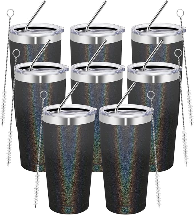 MEWAY 20oz Tumbler 8 Pack Double Wall Vacuum Insulated Travel Glitter Mug Bulk, Stainless Steel Tumblers with Lid and Straw, Powder Coated Coffee Cups for Woman(Gradient Black or Navy,Set of 8)