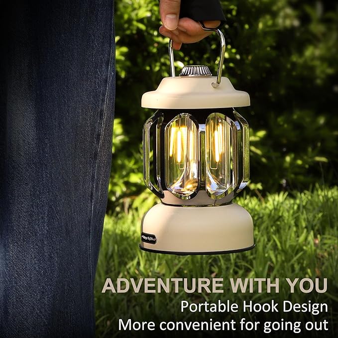 Rechargeable LED Camping Lanterns, Vintage Camping Lights Battery Operated, Portable Retro Metal Glamping Lights for Hiking, Hurricane, Decoration, Power outages, White, 2 Pack