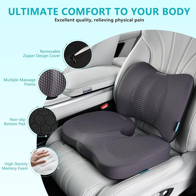 FLORICH Car Seat Cushion and Back Support for Office Chair Memory Foam Chair Cushions Pressure Relief Seat Pads with Gel Massage Point Lumbar Support(Grey)