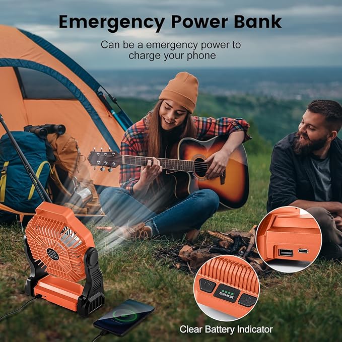 Odoland Rechargeable Camping Fan, 20000mAh Battery Fans with LED Lantern for Tent Car Beach Storm, Portable Light Desk Cooling Fan for Picnic Power Outage Hurricane, Orange