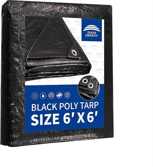 RAINDEWAY Small Black Tarp 6x6 Feet, UV Resistant, 8 Mil Multipurpose Medium Duty Waterproof Poly Tarp Cover with Metal Grommets and Reinforced Edges