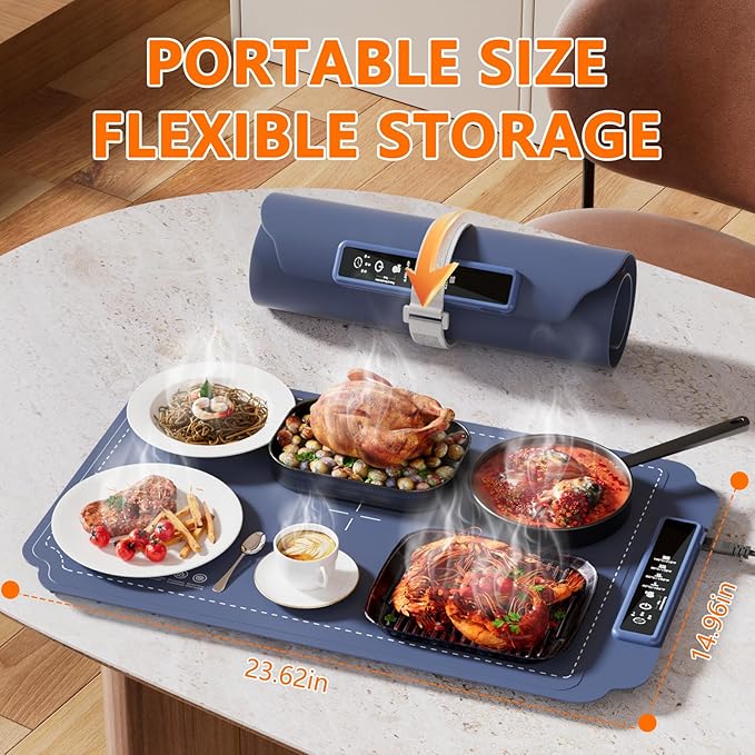 Warming Mat for Food, Electric Warming Tray, Fast Full Surface Graphene Electric Warming Tray, Extra Large Roll Up Silicone Food Warming Mat, Perfect for Gatherings, Parties &Everyday Use(Blue)