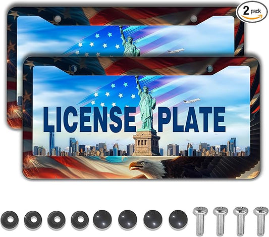 Automotive Exterior Accessories Multicolor License Plate Frames American Flag Eagle Aluminum Metal Car Accessory 2 Pack with Screw Covers Set