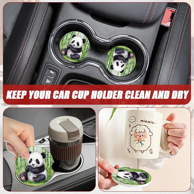 Cute Panda Car Coasters for Cup Holders, Absorbent Ceramic Car Coaster Car Cup Holder Coaster Car Accessories for Women Men (2 Pack)
