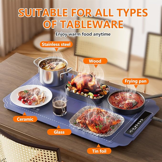 Warming Mat for Food, Electric Warming Tray, Fast Full Surface Graphene Electric Warming Tray, Extra Large Roll Up Silicone Food Warming Mat, Perfect for Gatherings, Parties &Everyday Use(Blue)