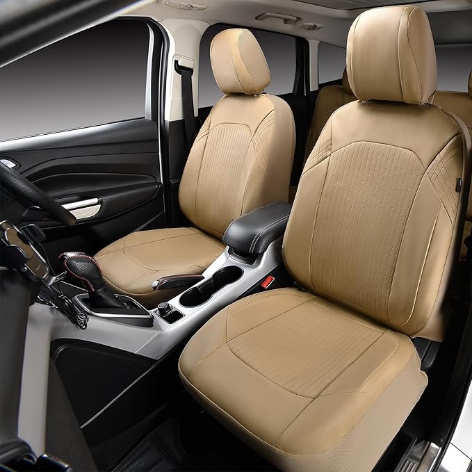 Flying Banner Synthetic Leather car seat Covers Full Set Front and Rear Bench Fashion Easy Installation Cup Holder Free (Solid Beige, Low Bucket - Full Set)