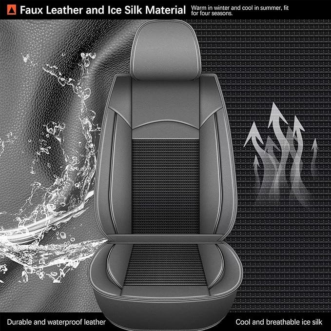 Seat Covers Fit for Nissan Frontier 2009-2023 2024 2025: Leather Car Seat Covers Full Set Ice Silk Breathable Waterproof Seat Cushion Protector (5 Seats; Black & Grey)