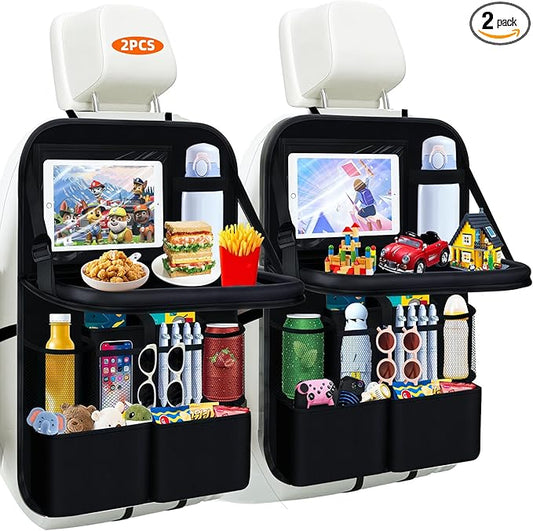 2 Pc Car Backseat Organizer with Foldable Food Tray,11+2 Storage Pockets with Tablet Holder &Cup Holder,Waterproof Kick Mats Backseat Protector Multipurpose Car Organizers Road Trip Essentials Gifts