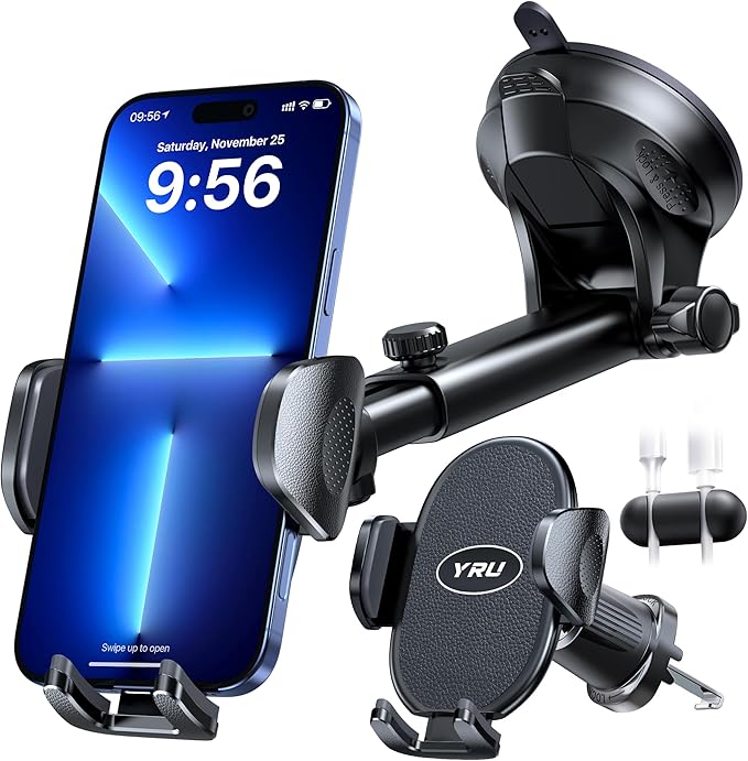 YRU [2025 Upgraded] Universal Car Phone Holder Mount【 360°Rotatable & Strong Suction】 Cell PhoneHolder Car Dashboard Windshield Phone Holder Dash Stand for iPhone 16 15 14 13 12 Samsung Truck, Black
