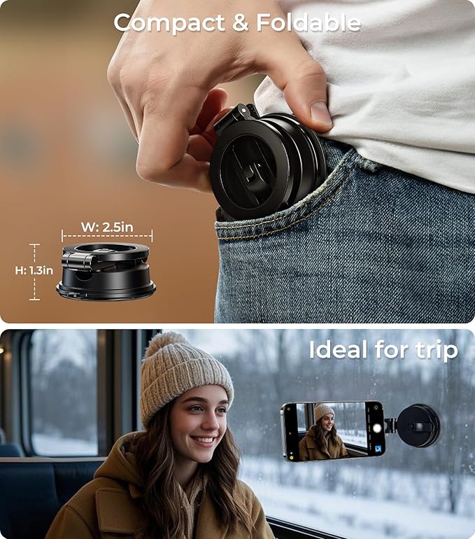 【Vacuum Suction Folding Car Mount】 Magnetic Car Phone Holder for magsafe, Aerospace Alloy Arm, Best Dashboard/Windshield/Screen Holder for Your Car/Tesla/Gym/Mirror/Shower/Smooth Surface/iPhone