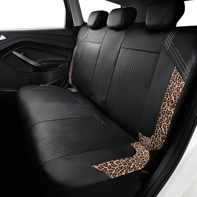 Flying Banner Synthetic Leather car seat Covers Full Set Front and Rear Bench Fashion Easy Installation Cup Holder Free (Black & Leopard Print, Low Bucket - Full Set)