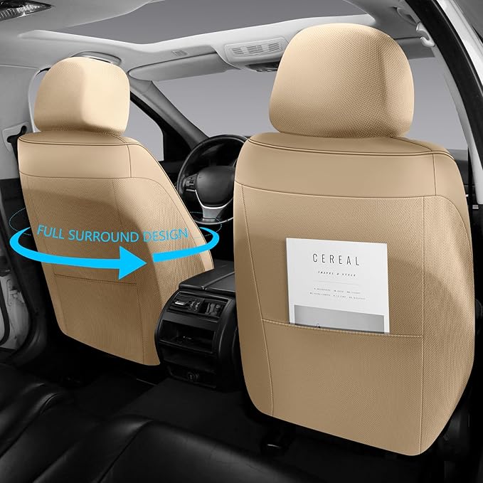Car Seat Covers Full Set,Universal Fit for Cars,SUVs,Trucks,and Sedans with 5 Seats,Faux Leather Car Seat Cushion Compatible with Airbags,Waterproof Car Seat Protector,Beige