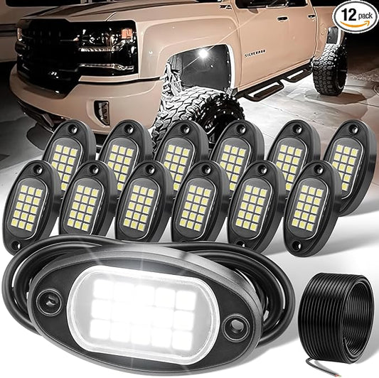 YONEDA 12 Pods White Rock Lights 6000K Ultra Bright LED Neon Underglow Lights IP68 Waterproof for Trucks SUV UTV ATV RZR Car Boats Pickup Motorcycle with 32.8in Extension Wire