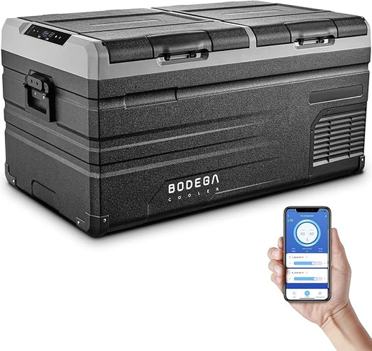 BODEGACOOLER 12 Volt Car Refrigerator, RV Car Fridge Dual Zone APP Control, Portable Freezer 95 Quart(90L) -4℉-68℉ RV Electric Compressor Cooler 12/24V DC and 100-240V AC for Outdoor,Camping,Travel