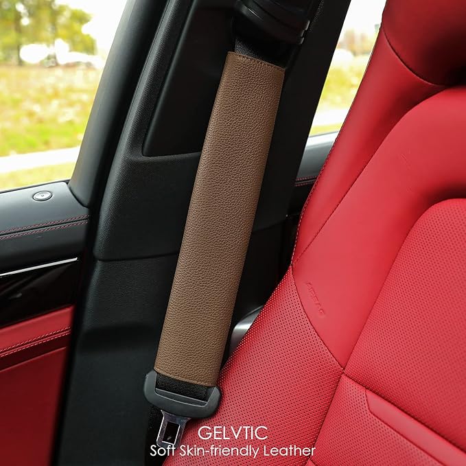 Car Seat Belt Covers for Adults Soft Leather Seatbelt Shoulder Pad Neck Cushion Protector Comfortable Driving Car Accessories Truck SUV Airplane Backpack (SC01Coffee-12.4in-1Pack)