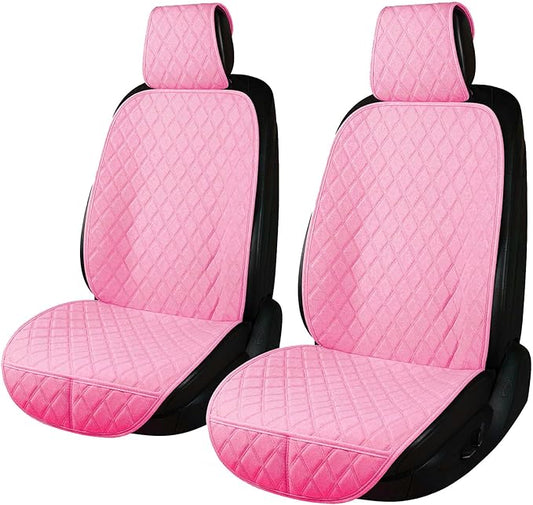 2PCS Linen Front Seat Covers for Cars Sideless Seat Covers Breathable Cloth Fabric Car Seat Protector Universal Fit Most Automotive, SUV, Trucks, Van(Pink)