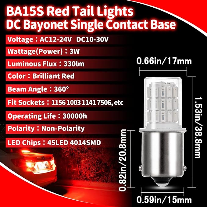 12V 1156 BA15S Red 1003 1141 7506 LED Bulbs Brilliant Red,DC Bayonet Single Contact Base,AC10-24V DC10-30 volt LED Replacement for Brake,Tail Lights,Blinker,Turn Signal,Parking or Running Lights,4Pack