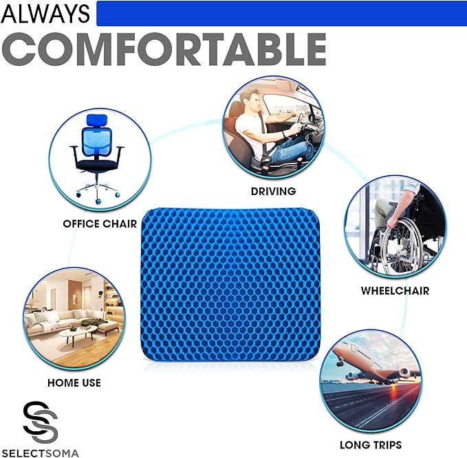 SelectSoma Double-Thick Super Large Gel Seat Cushion- Breathable and Cooling Honeycomb Design - Pressure Relief for Sciatica, Tailbone & Back Pain - Office Chair, Wheelchair, Car & Truck Cushion