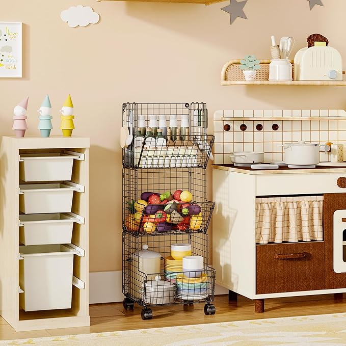 Outdoor Toy Storage Basket, Play Kitchen Organizer with 5 S-Hooks,3 Tier Rolling Storage Cart Garage, Pantry Floor Snack Cart with Wheels,Toy Shelf Dog Storage Organizer Kids Bookshelf
