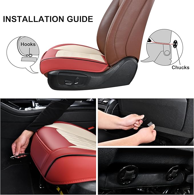 2 Pack Front Car Seat Bottom Covers, Universal Auto Seat Cushions, Nappa Leather Full Wrapping Edge Compatible with Most of Vehicles - SUVs/Sedans/Pickup Trucks, Wine Red&White
