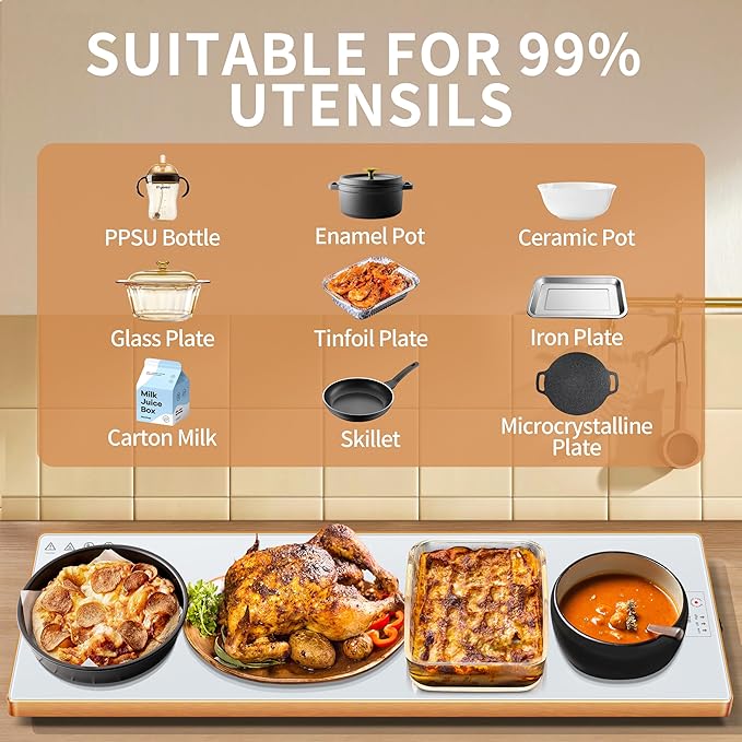 Electric Warming Tray (Extra Long 47”x12”)，Food Warmers for Parties Buffet & Gathering, Food Warming Mat with Thermostat, Tempered Glass Warming Mat for Food with Adjustable Temperature Modes, White