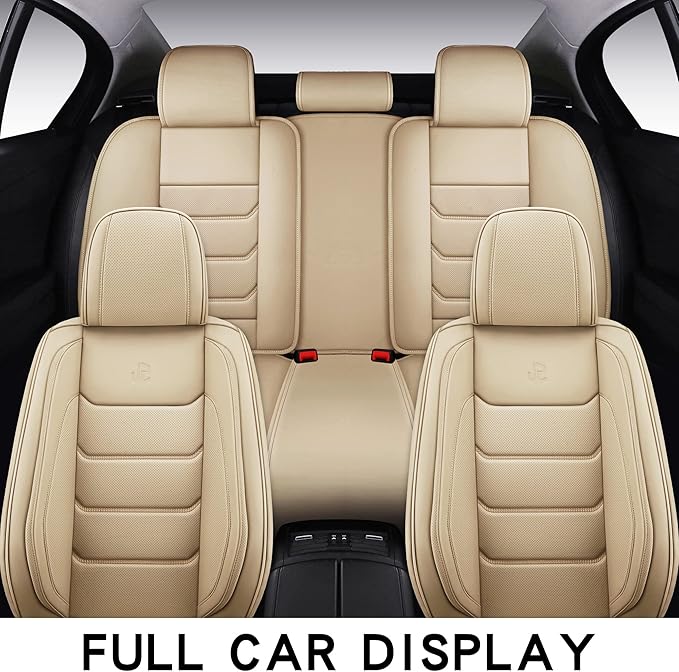 Full Coverage Faux Leather Car Seat Covers Full Set,Automotive Seat Covers for Cars,SUVs Pick-up Truck, Car Seat Cushion, Beige Seat Covers for 5 Seats,Car Seat Protector
