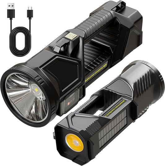 Solar Handheld Flashlight Rechargeable Multi Function High Bright 17000 Lumen 6 Modes LED Flashlight Emergency Strobe Light and 5400 MAH Battery Fishing Camping Emergency Light and USB Charging Cable