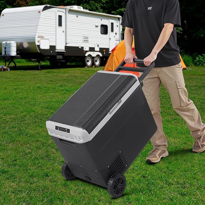 VEVOR 63.4QT/60L Car Fridge, Portable Electric Cooler with Wheels and Handle, -4℉~68℉, 12/24V DC and 100-240V AC Compressor Freezer for Outdoor, Camping, Travel, RV, Black