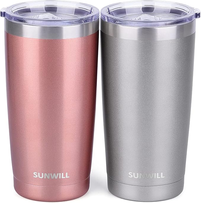 SUNWILL Travel Coffee Mug Set of 2, 20 oz Tumbler with Lid, Insulated Stainless Steel Cup for Water, Tea, Ice, Rose Gold & Cool Grey