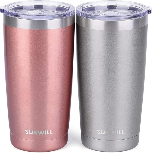 SUNWILL Travel Coffee Mug Set of 2, 20 oz Tumbler with Lid, Insulated Stainless Steel Cup for Water, Tea, Ice, Rose Gold & Cool Grey