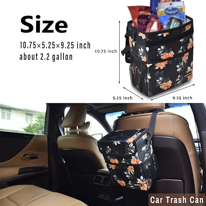 Cute Car Trash Can with Lid – Multipurpose Collapsible Trash Bin for Car, Leak-Proof Organizer, Waterproof Garbage Can with Storage Pockets & Adjustable Straps, 2 Gallons (Flower)
