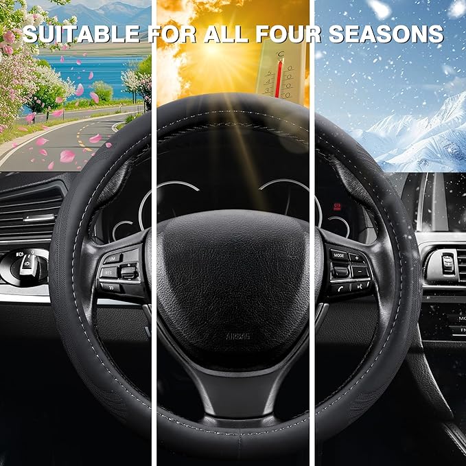 【2025 Model】 Premium Nappa Leather Car Steering Wheel Cover for Men Women, Non-Slip, Breathable, Universal 15 inches, Black