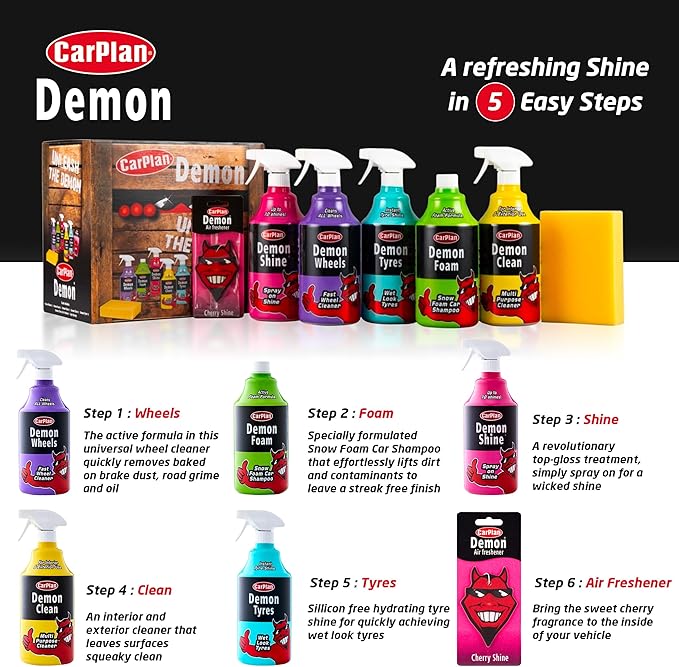 CarPlan Demon Car Wash Kit - 7 Piece Set Includes Car Wash Soap, Wheel Cleaner, Tire Shine, Interior Cleaner, Demon Shine, Air Freshener & Sponge