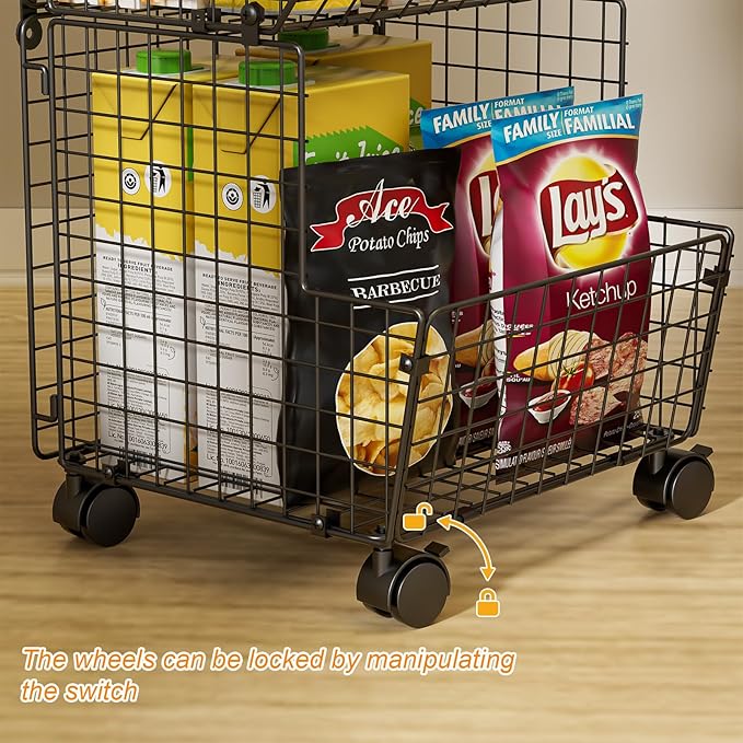 Outdoor Toy Storage Basket, Play Kitchen Organizer with 5 S-Hooks,3 Tier Rolling Storage Cart Garage, Pantry Floor Snack Cart with Wheels,Toy Shelf Dog Storage Organizer Kids Bookshelf