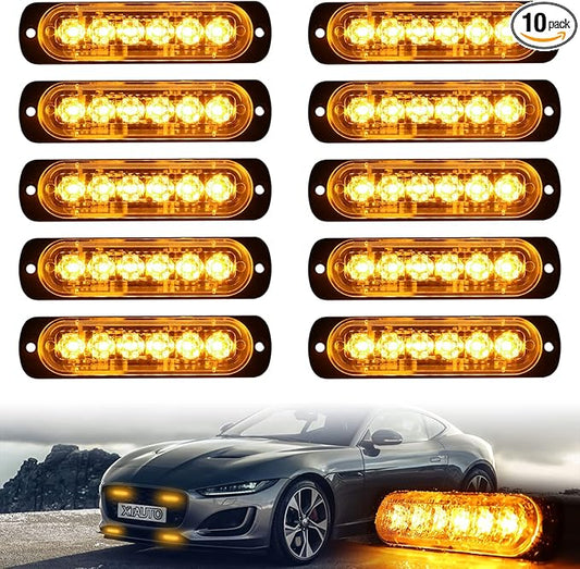 10pcs LED Emergency Strobe Light, 6-LED Ultra Slim Surface Mount Flashing Warning Beacon Hazard Construction Caution Grille Light Bar for Truck Car Off Road Vehicles SUV ATV (Amber)