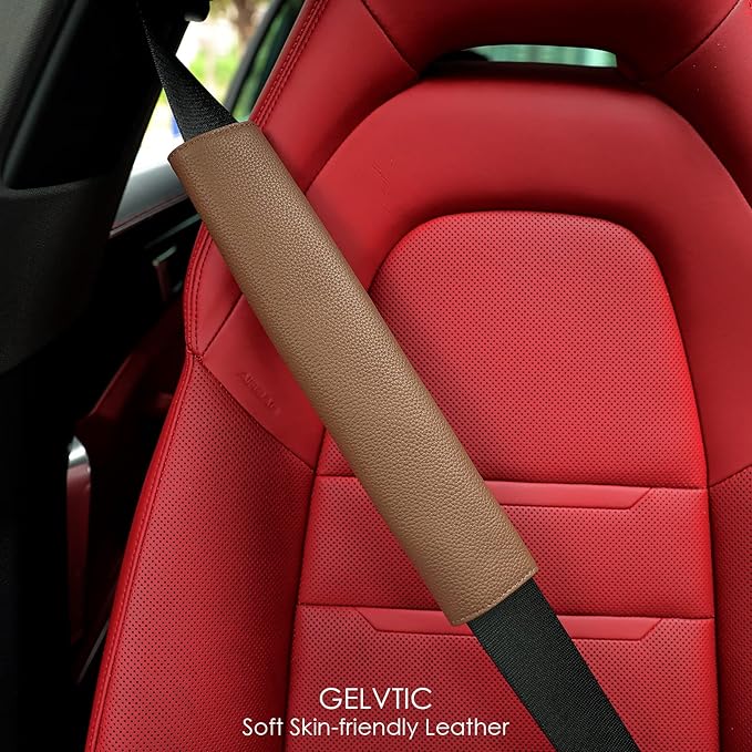 Car Seat Belt Covers for Adults Soft Leather Seatbelt Shoulder Pad Neck Cushion Protector Comfortable Driving Car Accessories Truck SUV Airplane Backpack (SC01Coffee-12.4in-1Pack)
