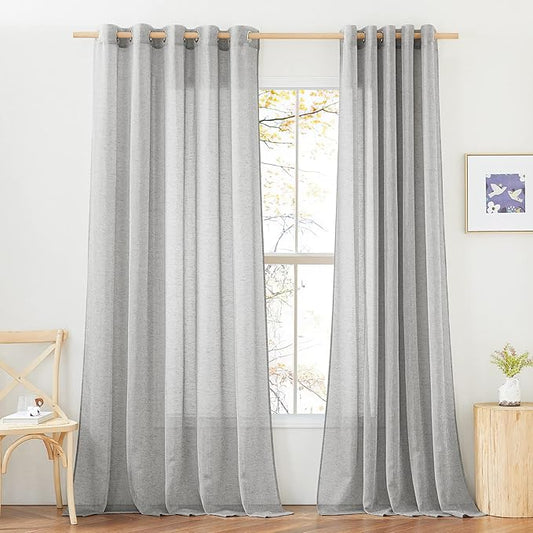 NICETOWN Sliding Door Curtains Linen Sheer Textured, Grommet Semi Sheer Keep Privacy Window Drapes with Light Filtering for Living Room/Bedroom, Grey, W70 x L96, 2 Pieces