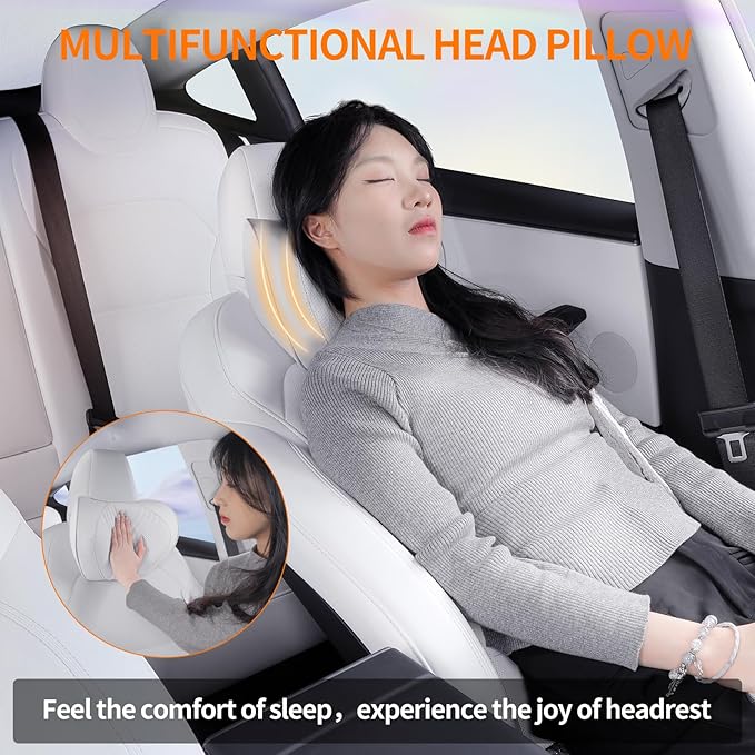 Car Neck Pillow Memory Foam Premium Leather Headrest Neck Support Cushion Universal for Driving Home Office, White,2PC