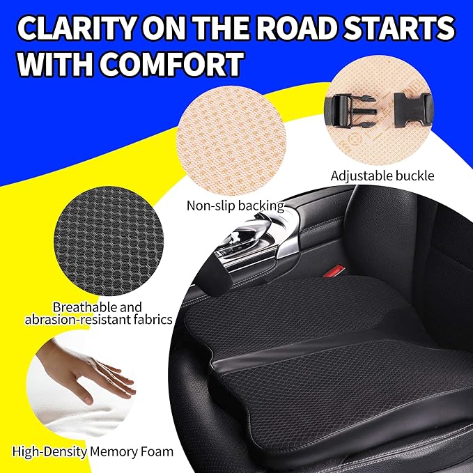 Car Seat Cushion - Comfort Memory Foam Seat Cushion for Car Seat Driver, Tailbone (Coccyx) Pain Relief, Car Seat Cushions for Driving (Black)